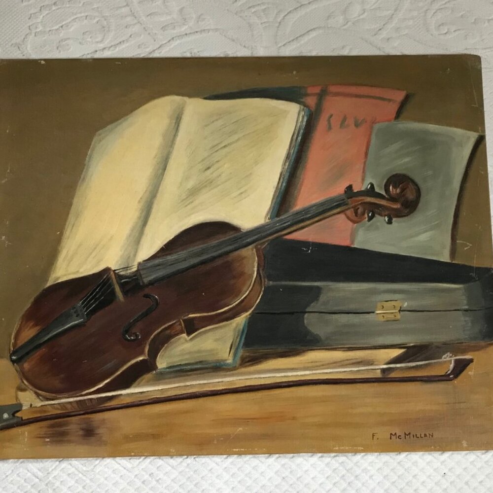 mid century oil painting . mid-century painting . violin . original oil paint
